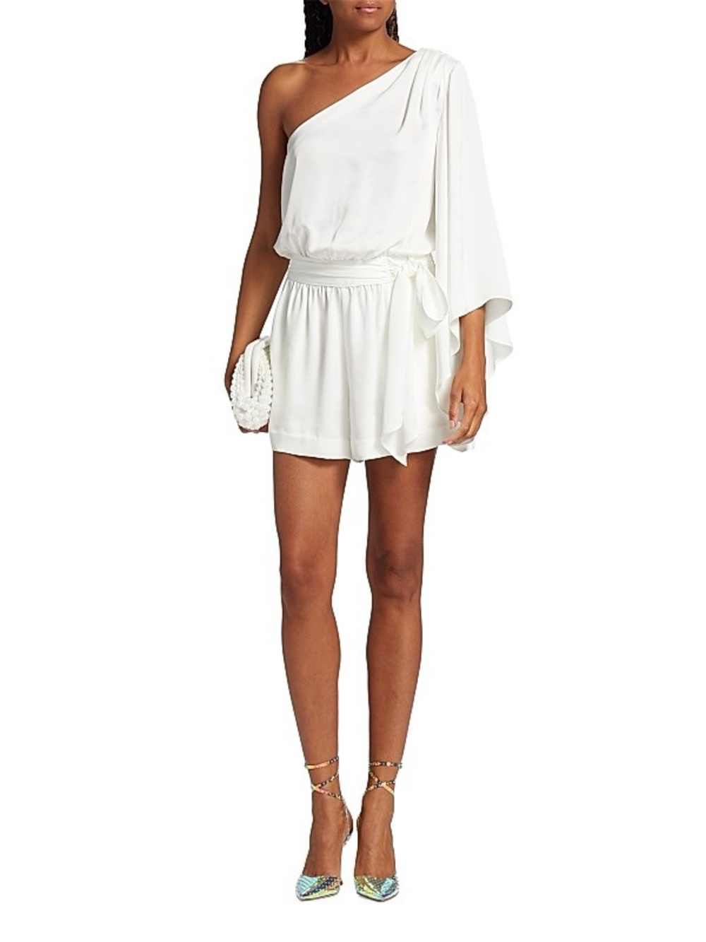 Ramy Brook White One-Shoulder Romper with Draped Sleeve